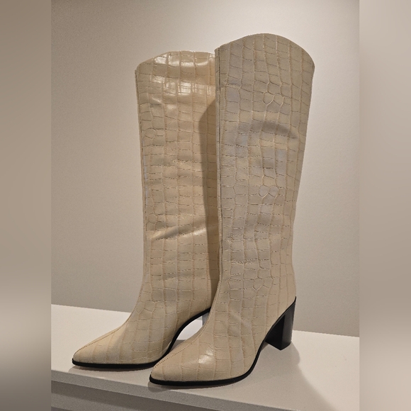 SCHUTZ Cream MARYANA Croc-Embossed Heeled Boots - Picture 1 of 4
